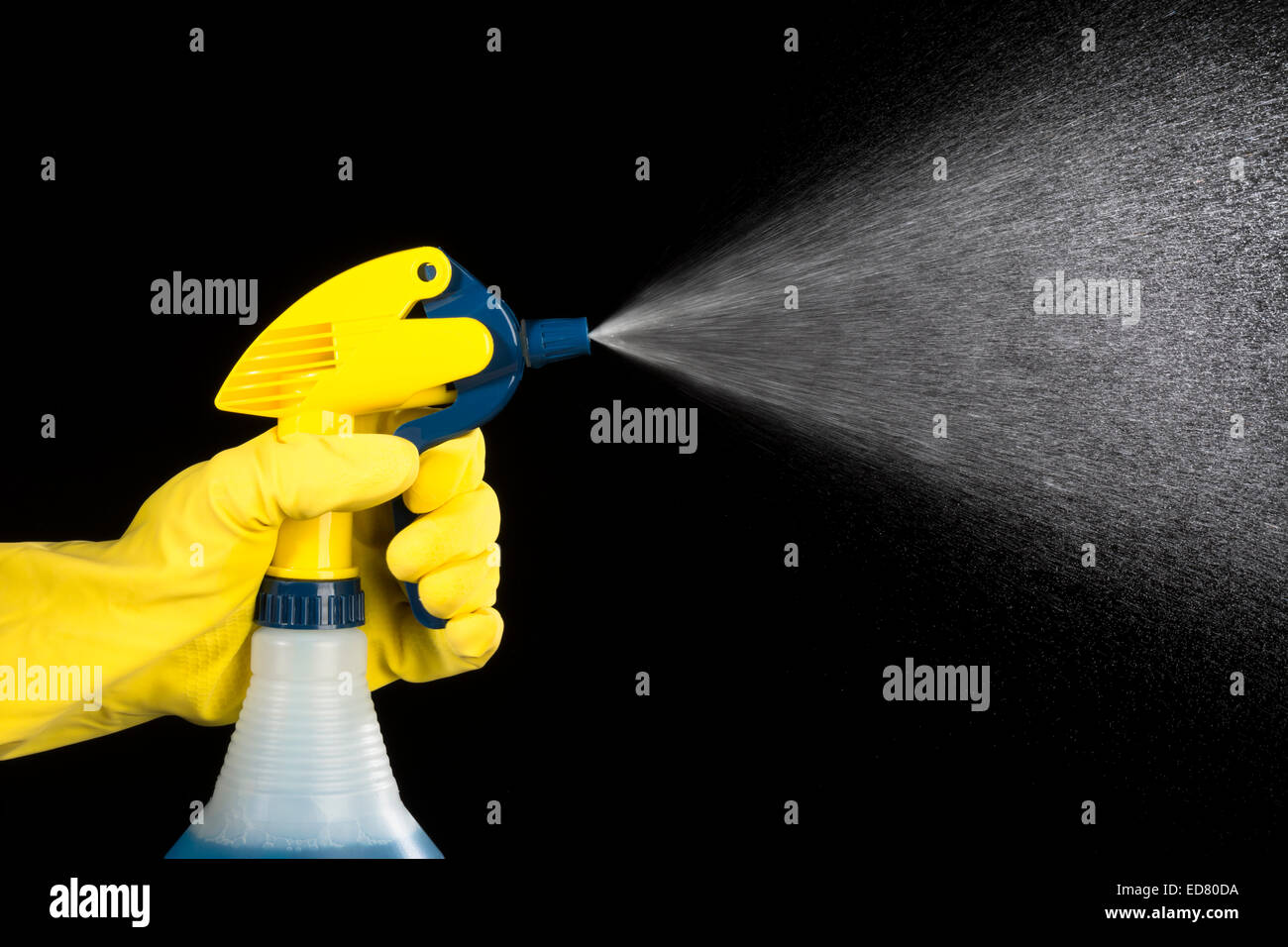 Una persona usa un pulverizador de bomba de mano y guante de protección para pulverizar productos químicos de limpieza. Foto de stock