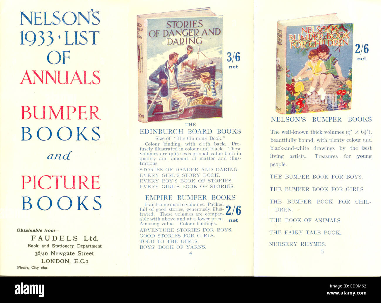 Folleto publicitario para Nelson's 1933 Lista de anuarios, Paragolpes libros y libros ilustrados Foto de stock