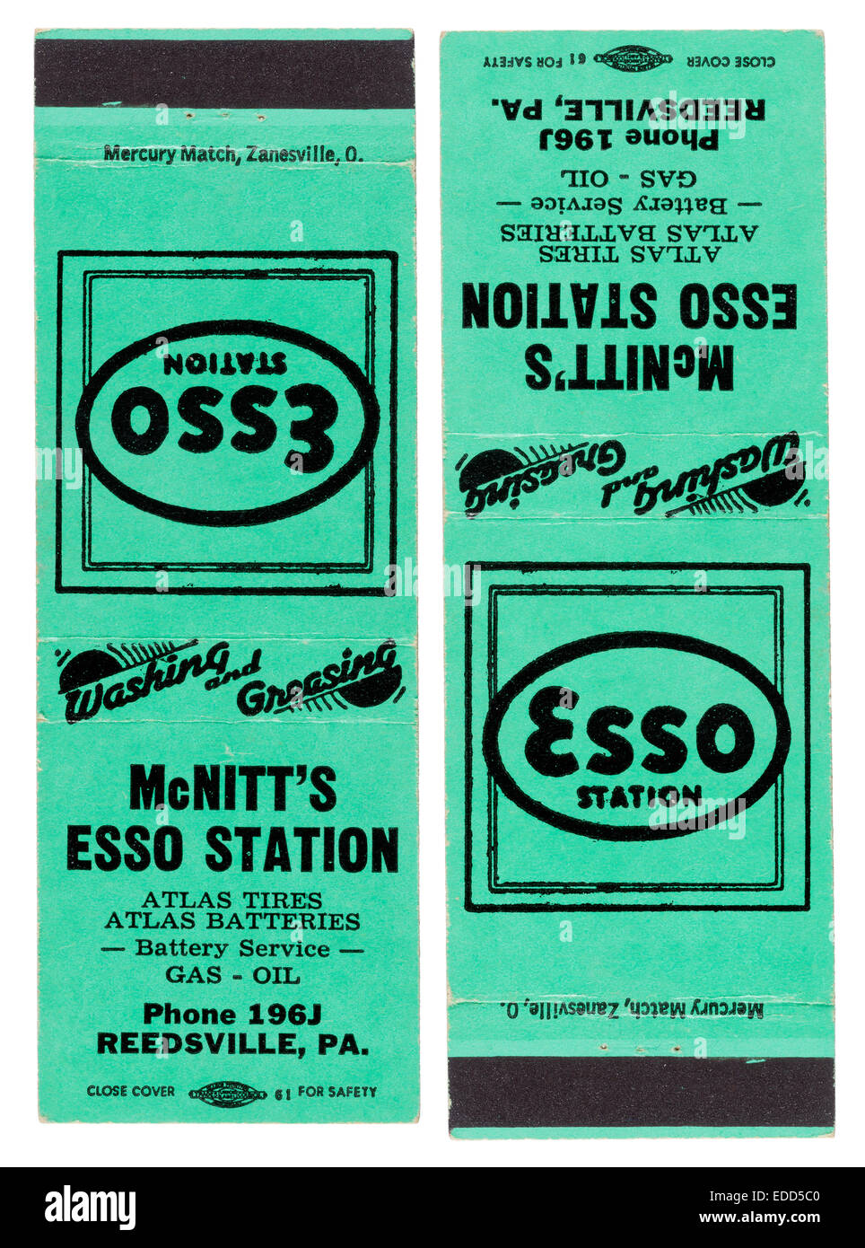 1940 vintage caja de cerillas publicidad Stewart McNitt''s la gasolinera  Esso en Reedsville, Pennsylvania Fotografía de stock - Alamy