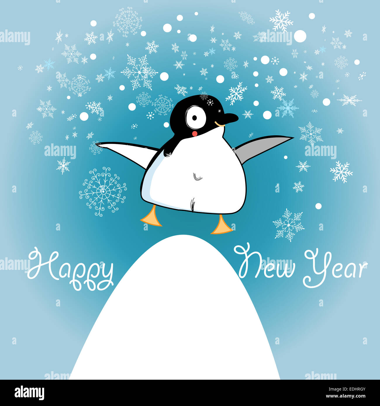 Tarjeta de navidad con brillantes a un pingüino en un fondo azul con copos de nieve Foto de stock