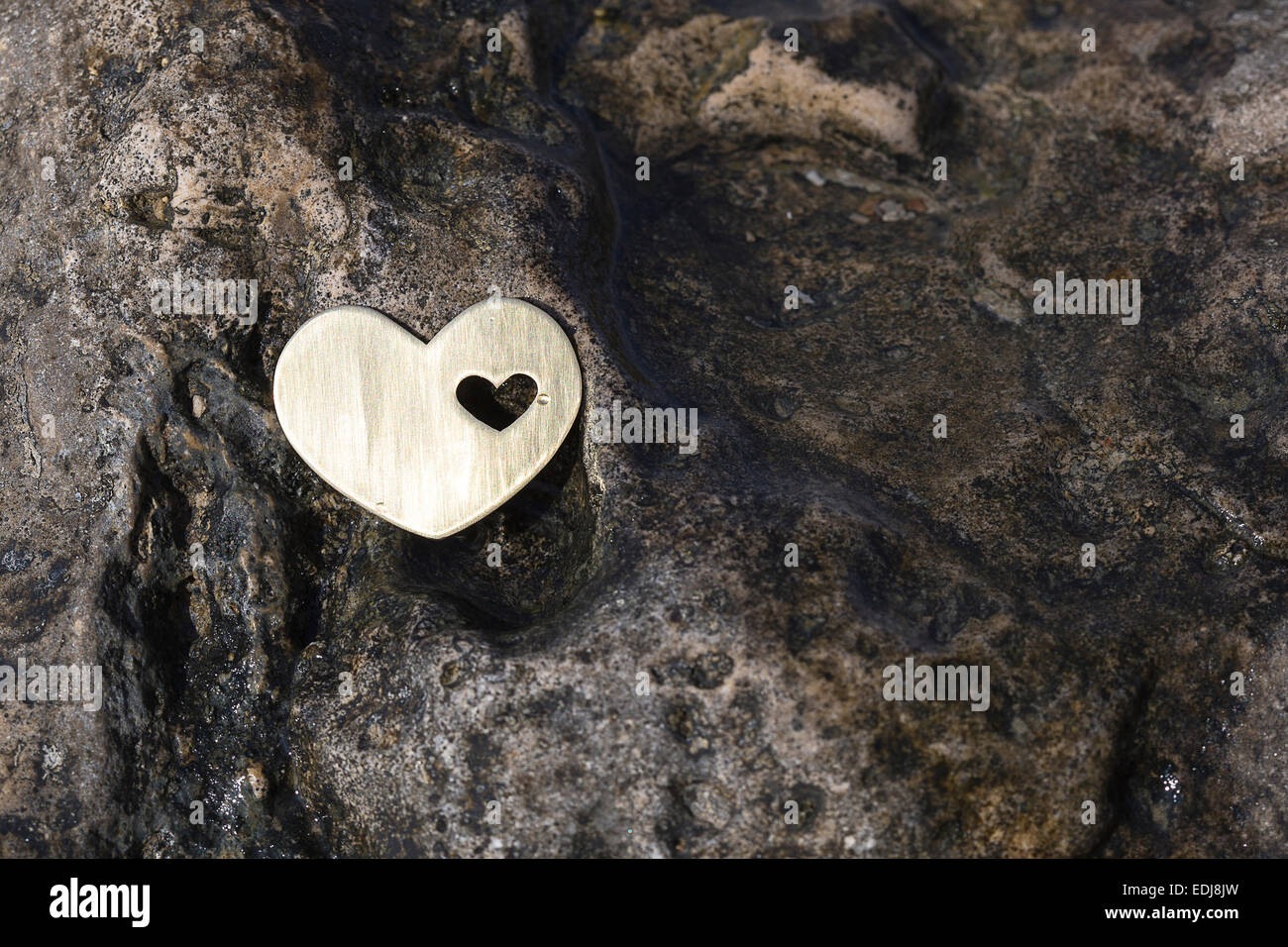 Un brillante corazón de metal precioso se coloca sobre una roca húmeda oscura en una playa. Foto de stock