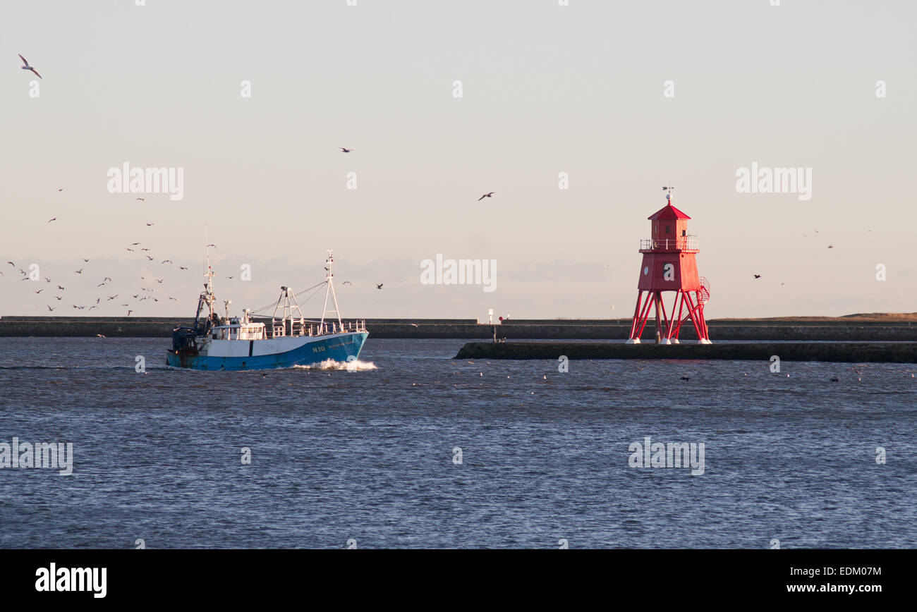 La pesca de arrastre "Norte Dawn pasando el espigón Faro volviendo al río Tyne, South Shields, al noreste de Inglaterra, Reino Unido. Foto de stock