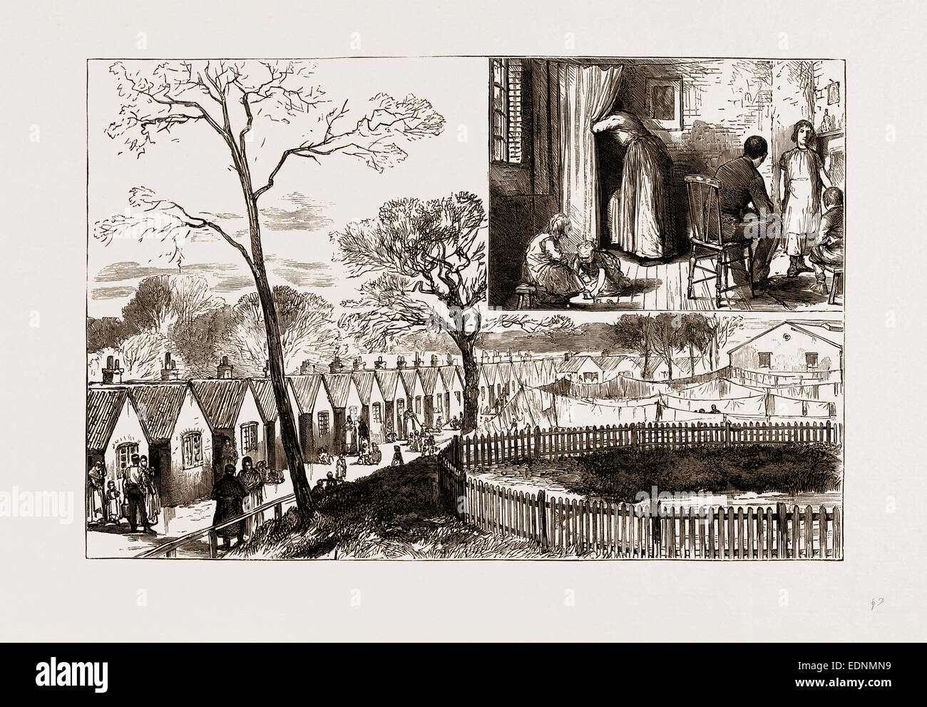 Difteria en Woolwich, Reino Unido, 1875: el interior y el exterior del condenado chozas en la común Foto de stock