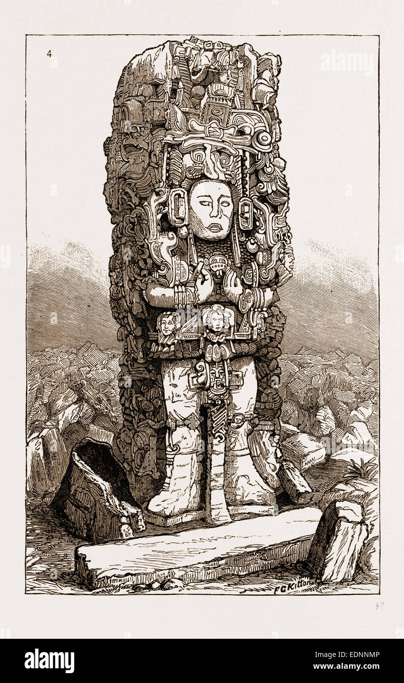 Antigüedades DE AMÉRICA CENTRAL: columna de piedra encontrado en Copán, Honduras, 1881 Foto de stock