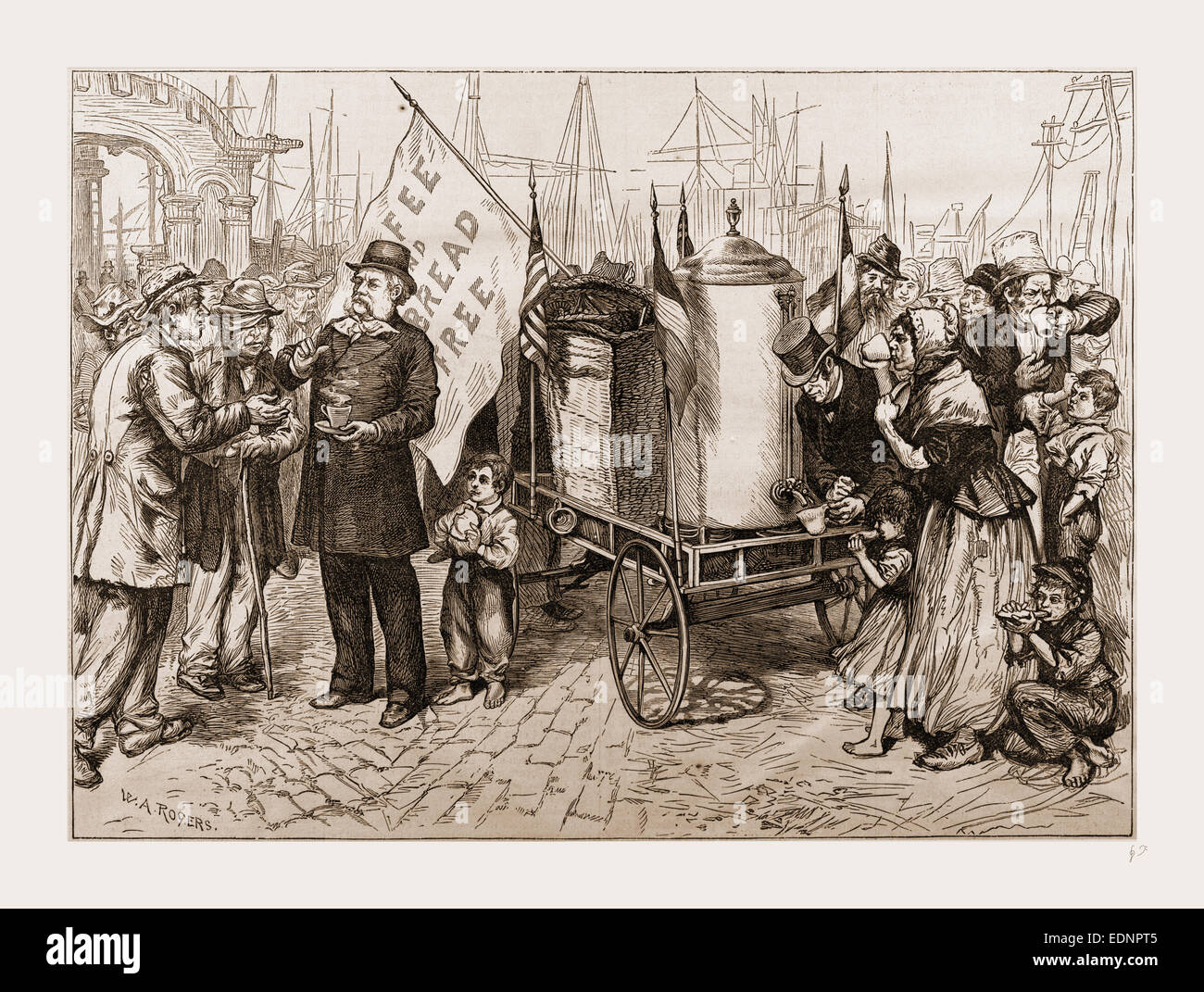 DR. KENNION'S Street Café-URN CART-UNA BUENA TEMPLANZA MOVIMIENTO.-DIBUJADO POR W. A. ROGERS. de 1880, el grabado del siglo XIX, EE.UU. Foto de stock