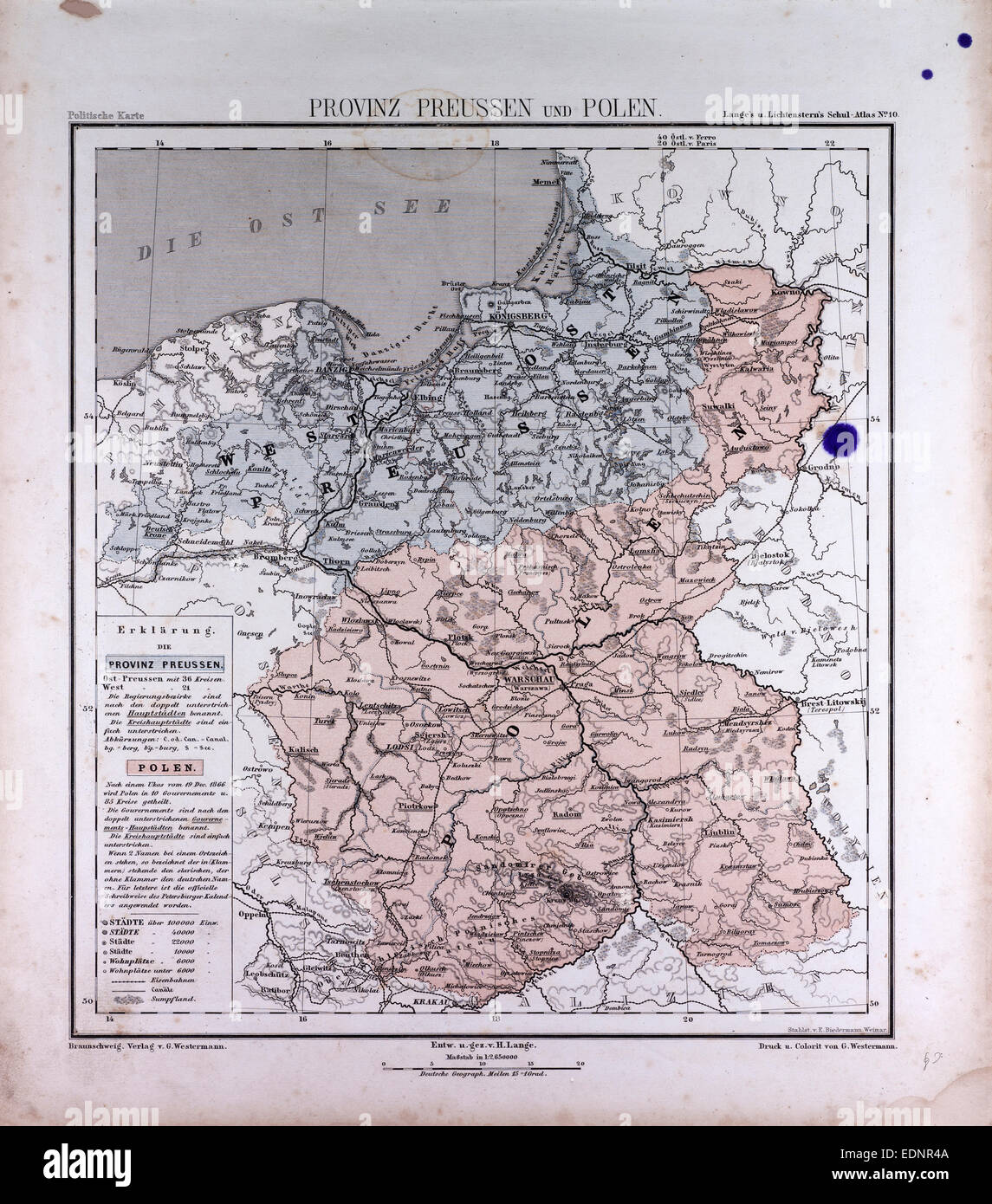 Alemania, Prusia, Polonia, atlas por Th. von Liechtenstern y Henry Lange, mapa antiguo 1869 Foto de stock