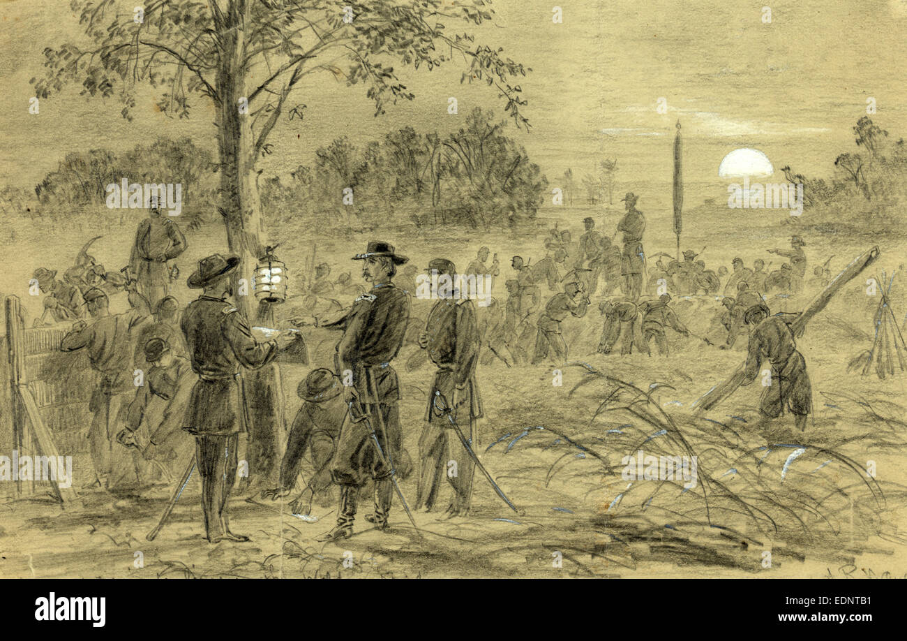 Warren fortificando sus líneas generales sobre el Weldon road, 1864 Septiembre, dibujo en lápiz y papel de oliva blanco chino Foto de stock