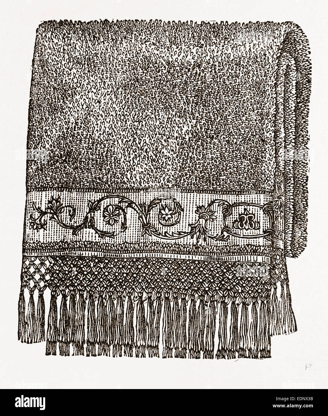 Toalla en cordón cosido bordado, costura, bordado del siglo XIX. Foto de stock