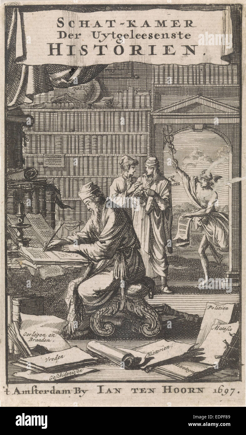 Estudioso escribe en su estudio, Jan Luyken, Jan Claesz diez Hoorn, 1697 Foto de stock