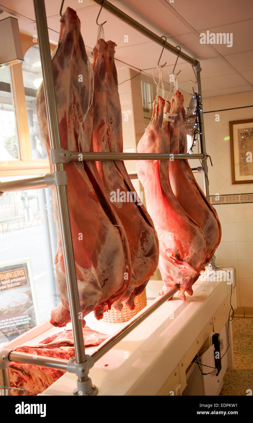 Corderos entero colgando de los ganchos en el interior de una carnicería tradicional, Marlborough, Wiltshire, Inglaterra, Reino Unido. Foto de stock