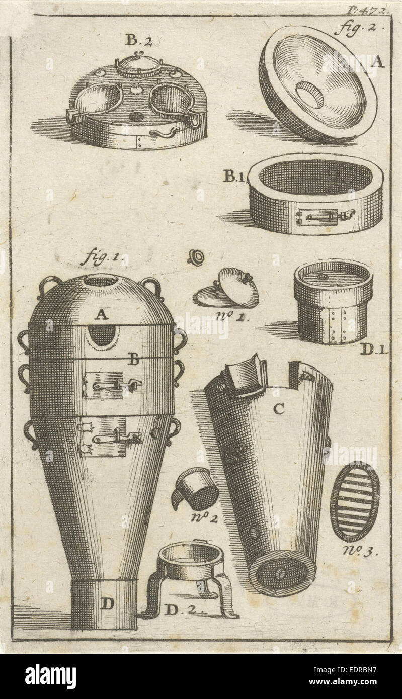 Aparato de destilación, y diferentes piezas por separado, Jan Luyken, Jan Claesz diez Hoorn, 1693 Foto de stock