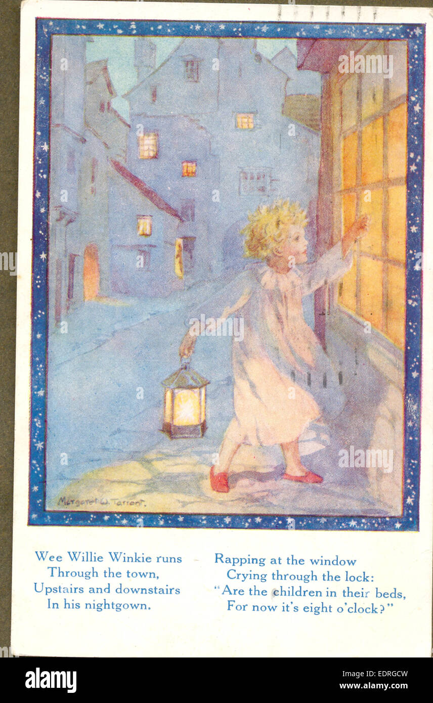 Tarjeta postal de la canción infantil Wee Willie Winkie por artista Margaret Tarrant Foto de stock