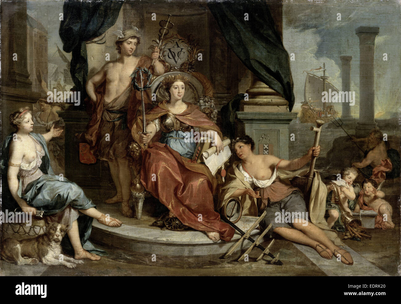 Apoteosis de la Dutch East India Company, alegoría de la Cámara de Comercio de Ámsterdam de la VOC, Nicolaas Verkolje Foto de stock