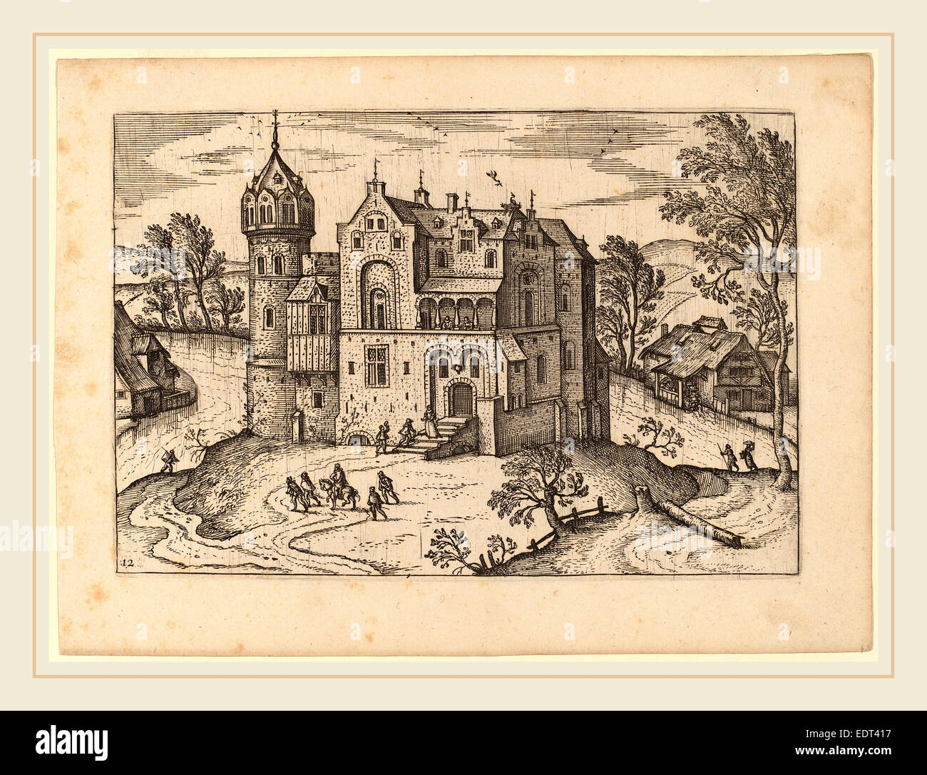 Netherlandish, castillo del siglo XVI por un río, publicado en o antes de 1676, aguafuerte retocada con el grabado Foto de stock