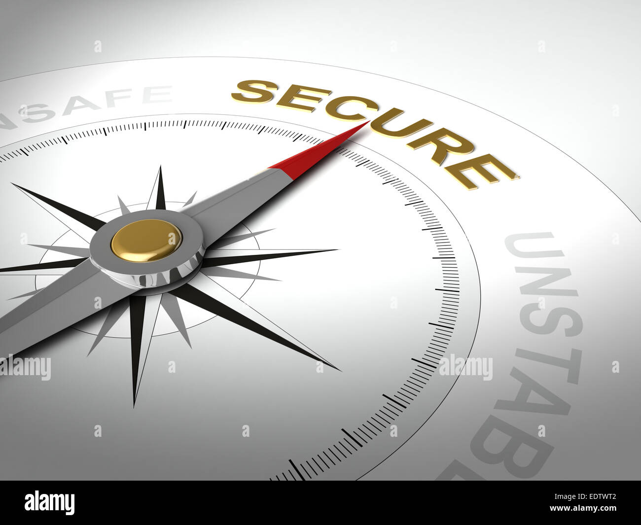3D Render conceptual de brújula con la aguja apuntando hacia la palabra secure Foto de stock