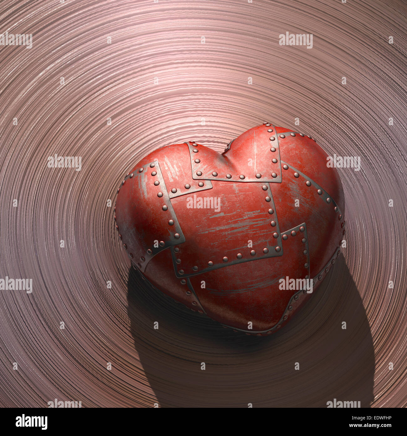Corazón de placas de acero fijada con remaches. Trazado de recorte incluido. Foto de stock