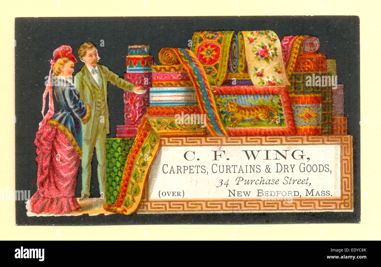Tarjeta comercial Chromolithografiada para alfombras, cortinas y productos secos vendida por C F Wing alrededor de 1885 Foto de stock