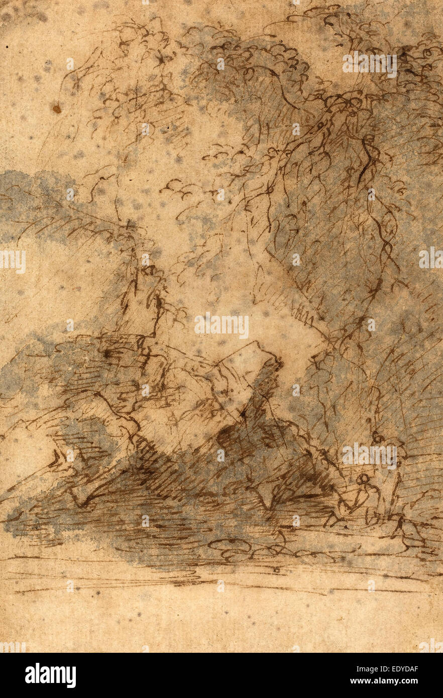 Salvator Rosa (Italia, 1615 - 1673), paisaje, a mediados de 1660, lápiz y tinta marrón con Gris lave sobre papel establecido Foto de stock