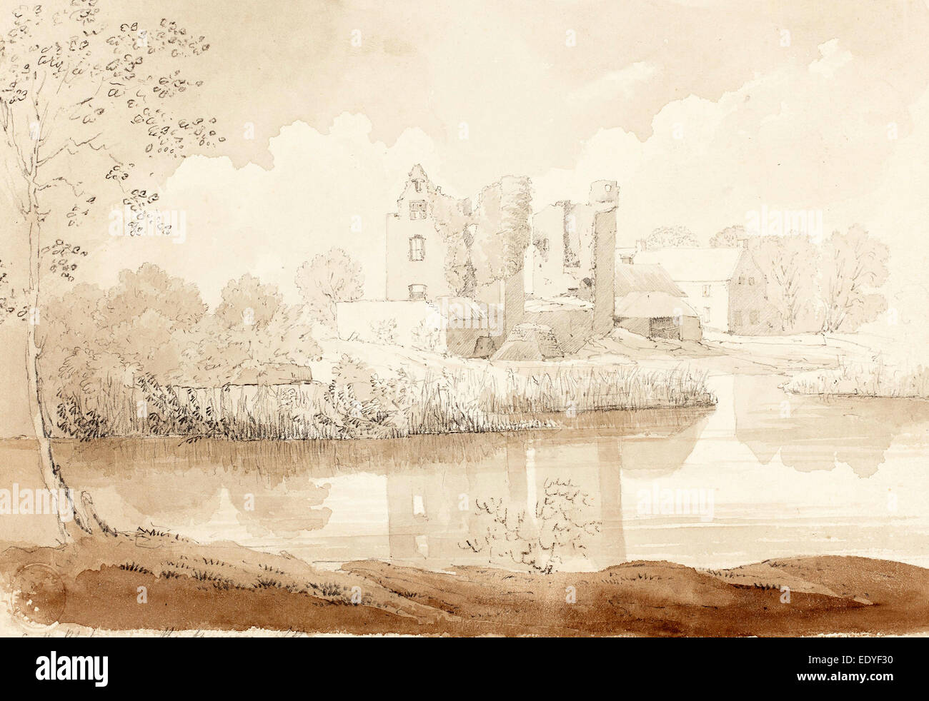 Atribuye a James Bulwer (británico, 1794 - 1879), el castillo Rheban sobre el Río Barrow, Athy, grafito y tiza negra Foto de stock