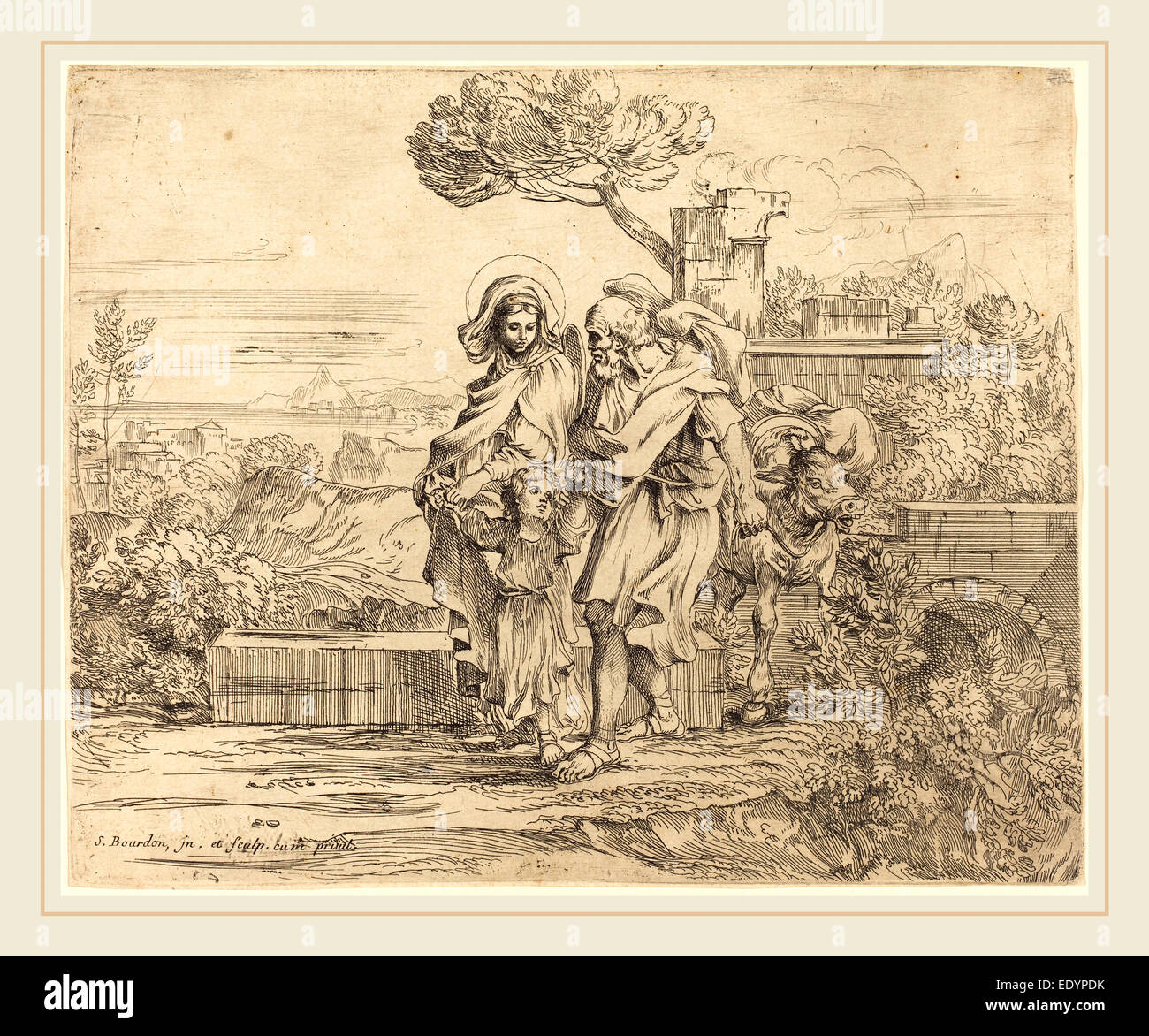 Sébastien Bourdon, Francés (1616-1671), el descanso en la Huida a Egipto, el aguafuerte (counterproof) Foto de stock