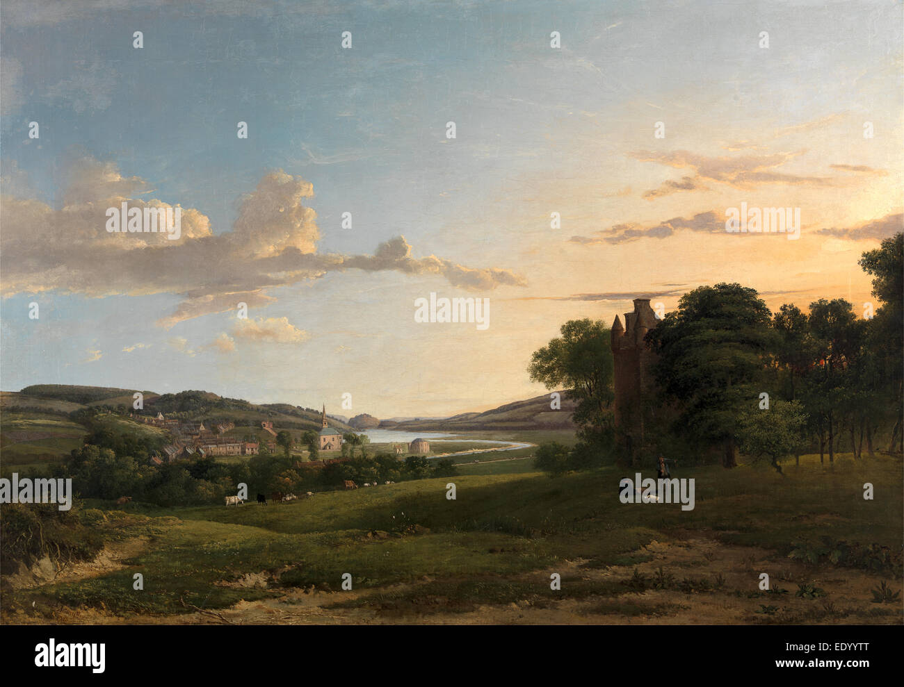 Una vista de Cessford y la aldea de Roxboroughshire Caverton, en la distancia, firmado y fechado en la pintura marrón Foto de stock