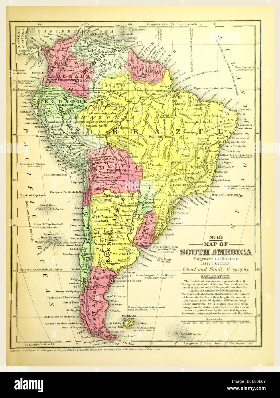 Mapa de América del Sur del siglo XIX, grabado, Mitchell's Atlas ...