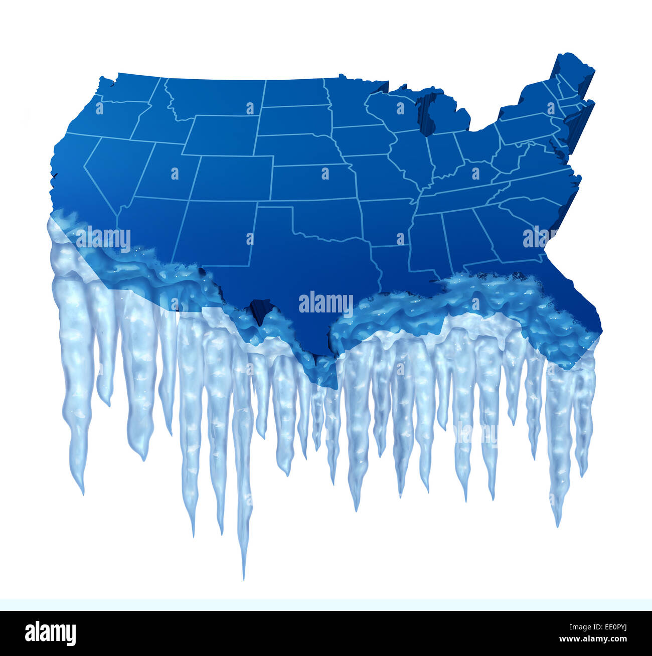 Deep Freeze americana y la helada temperatura en el concepto de Estados Unidos como un mapa azul de América con hielo y carámbanos. Foto de stock