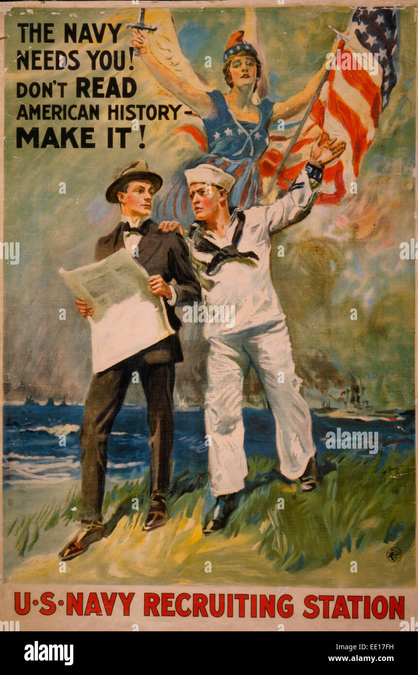 La Marina te necesita! No lea la historia americana - make it! WWI Poster afiche de reclutamiento, 1917 Foto de stock