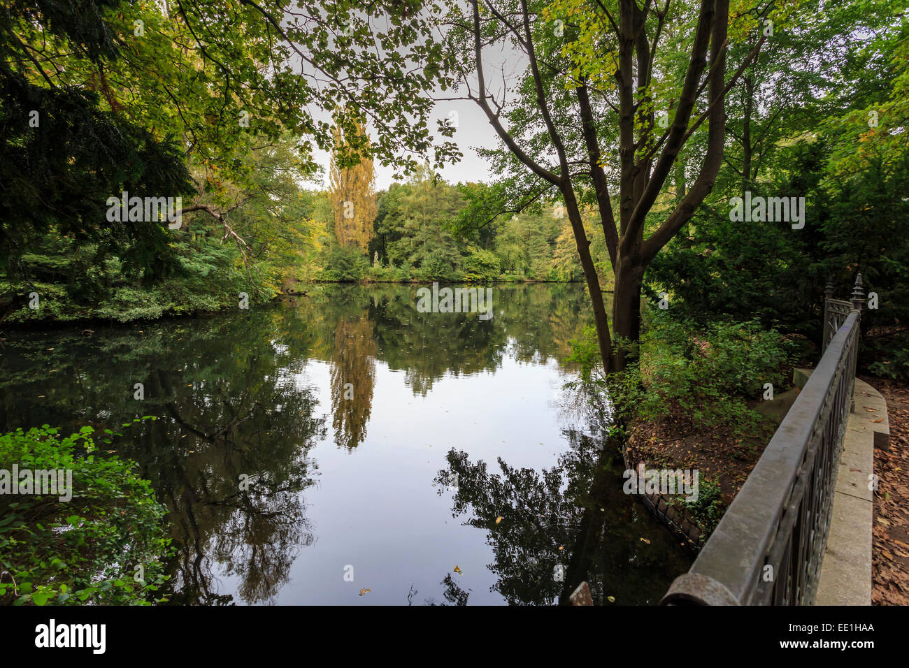 Noche de otoño en el parque Tiergarten, el lago con las reflexiones, Berlín, Alemania, Europa Foto de stock