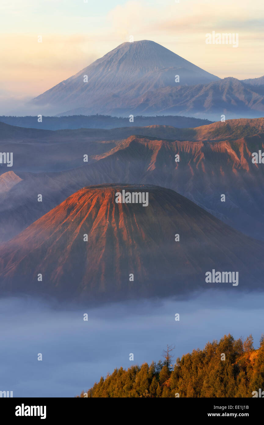 Amanecer sobre el tabaquismo Volcán Gunung Bromo, Parque Nacional Bromo-Tengger-Semeru, Java, Indonesia, Sudeste Asiático, Asia Foto de stock