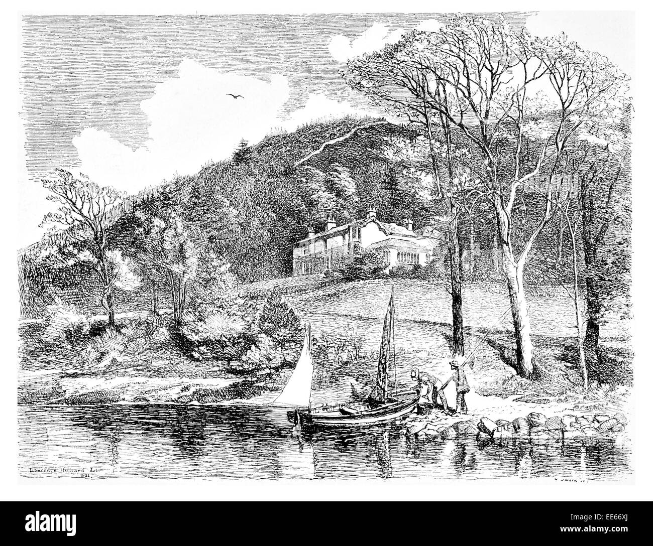 Señor John Ruskin Casa Brantwood Coniston Lancashire Inglaterra barco de pesca de los pescadores casa Victoriana río país Foto de stock