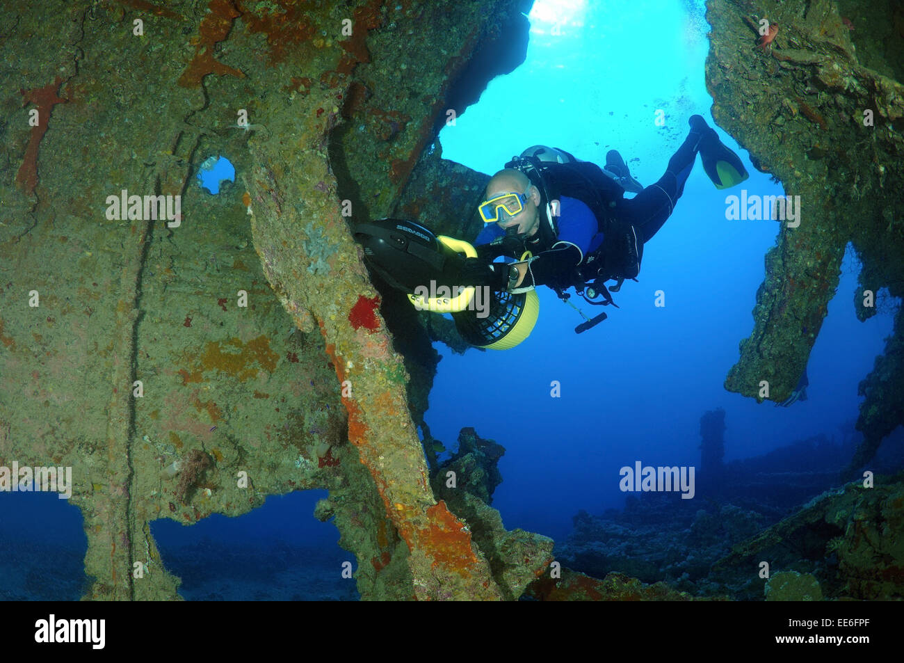 Diver en moto subacuática chapuzones en la bodega del naufragio 'SS' Dunraven, Mar Rojo, Egipto Foto de stock