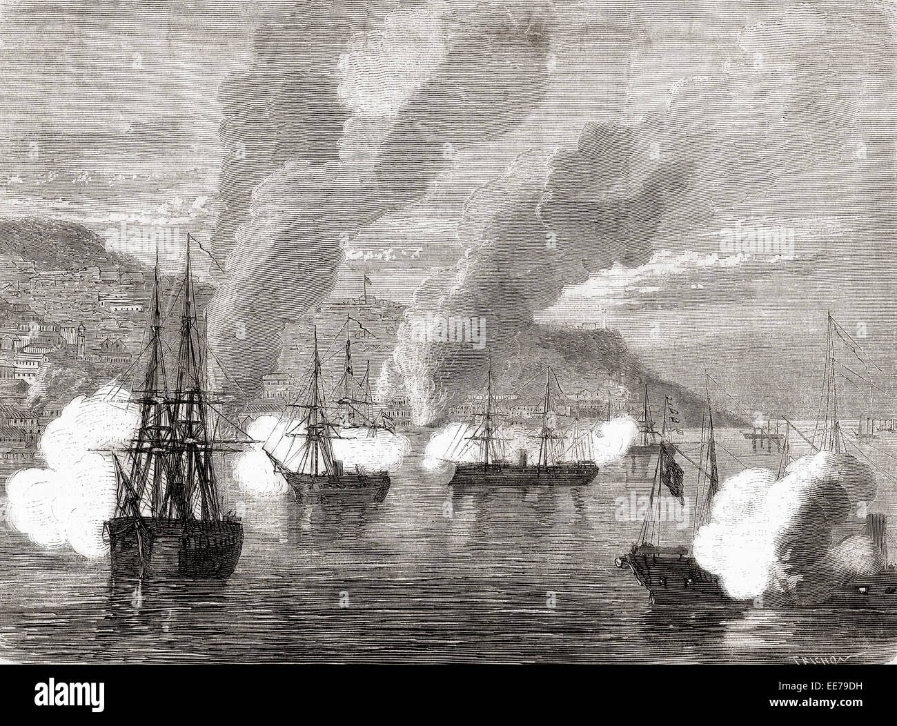 El bombardeo de Valparaíso, el 31 de marzo de 1866 por una flota Española  que bombardeó, quemado y destruido las indefendibles del puerto de  Valparaíso, Chile, Sudamérica Fotografía de stock - Alamy