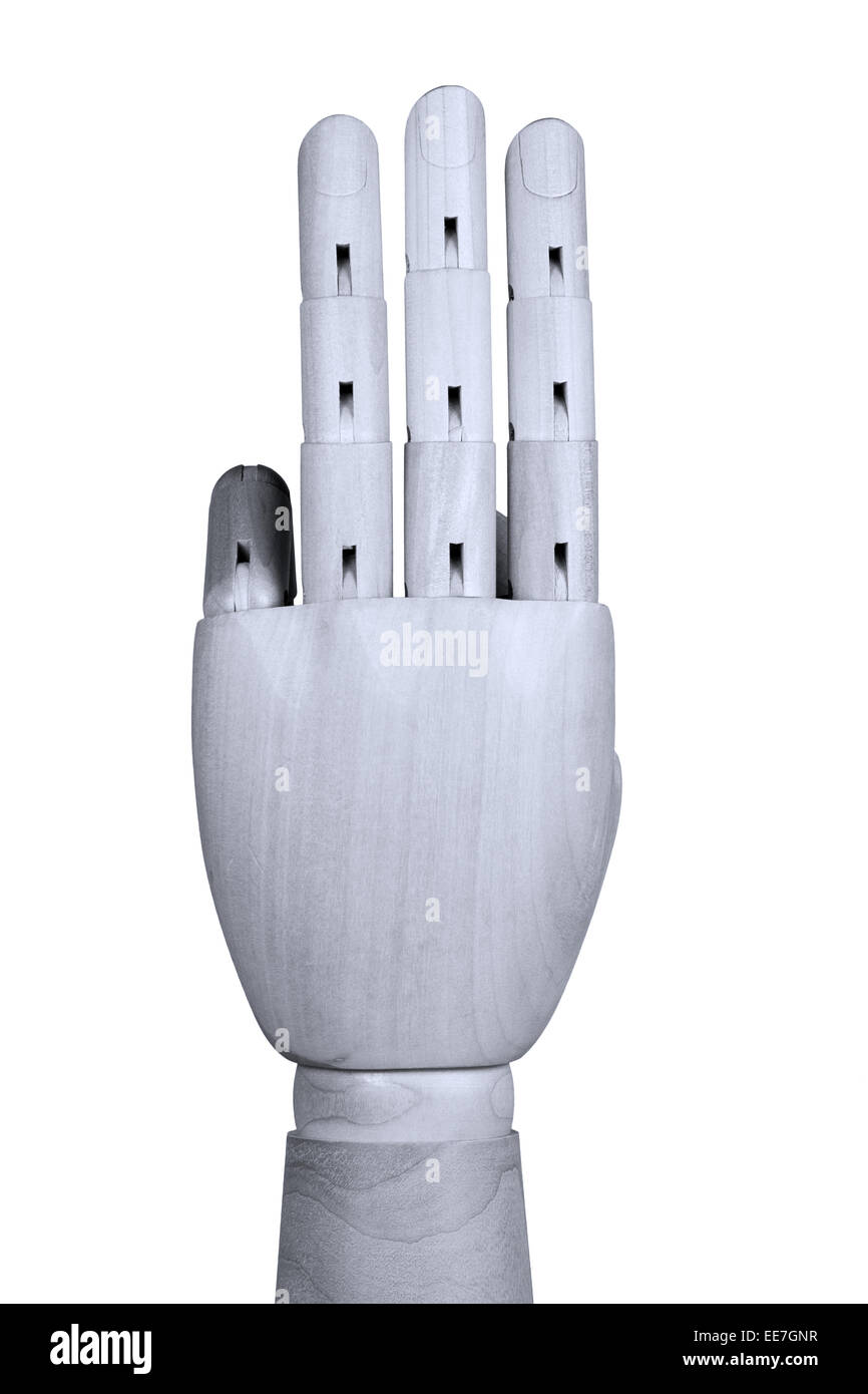 Modelo de madera mano mostrando tres dedos con el dorso de la mano se ve Foto de stock
