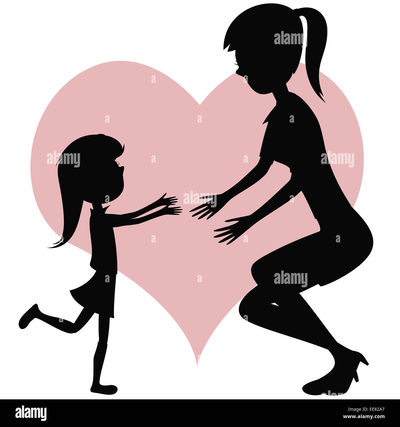Abrazo a Su mamá! Siluetas de estilo de dibujos animados con una pequeña niña de cabello largo está en marcha hacia su madre para un abrazo Fotografía de stock - Alamy Abrazo a Su mamá! Siluetas de estilo de dibujos animados con una pequeña niña de cabello largo está en marcha hacia su madre para un abrazo Fotografía de stock - Alamy