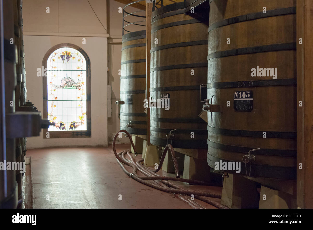 Toneles de fermentación en el R López de Heredia Viña o Bodega en Haro, capital del vino de Rioja en España Foto de stock