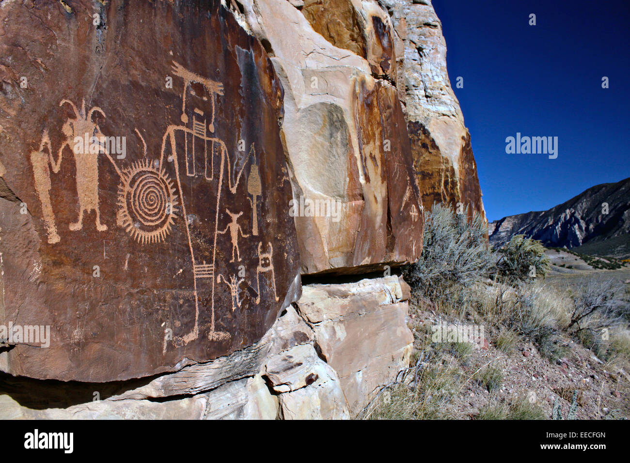 Un gran grupo de antiguos petroglifos en una cara de la roca en McKee Springs off the Rainbow Park Road en Dinosaur National Monument Maybell, Utah. Foto de stock
