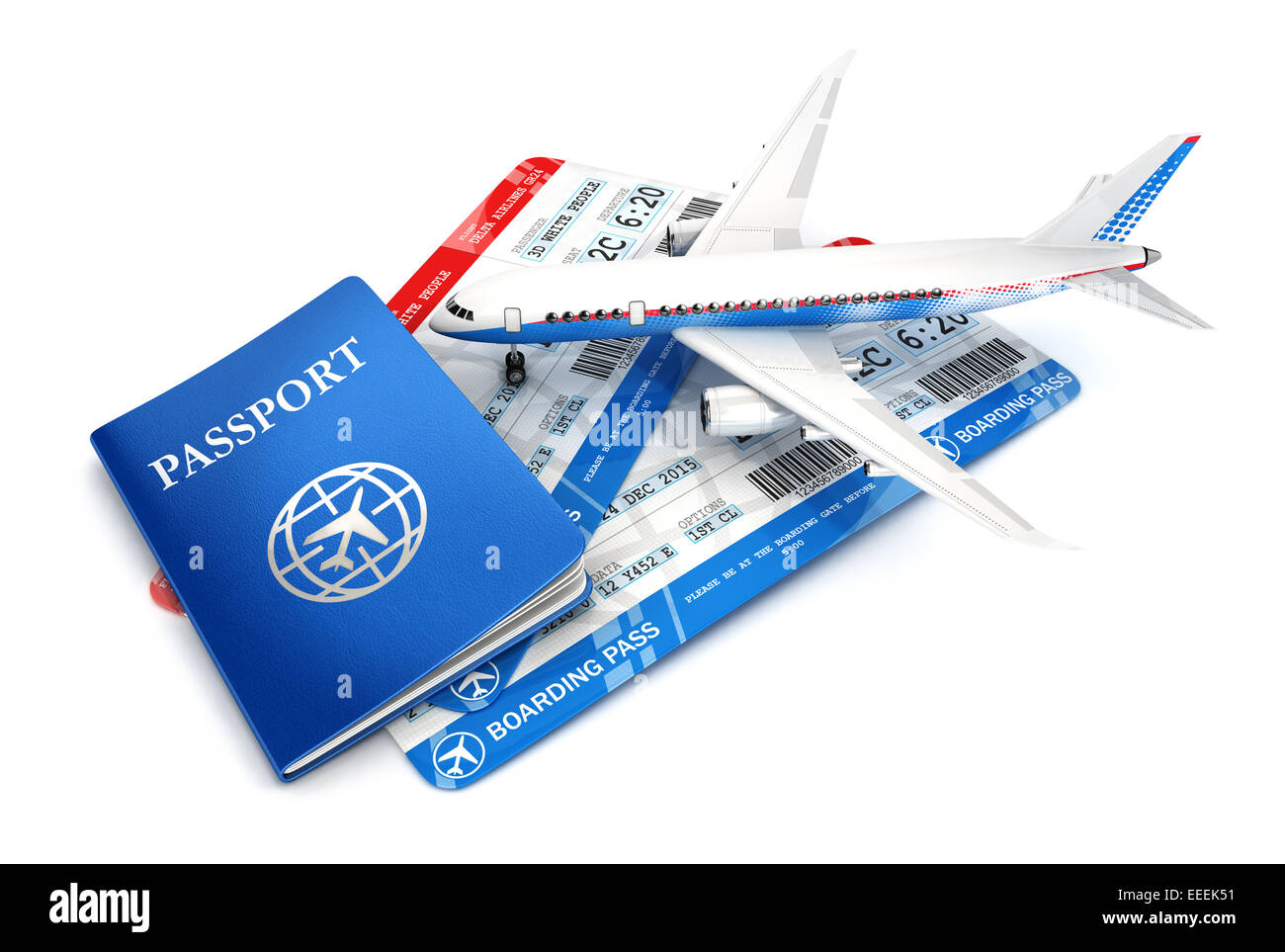 3d concepto de viajes con avión, pasaporte y tarjeta de embarque, aislado fondo blanco, la imagen en 3D Foto de stock