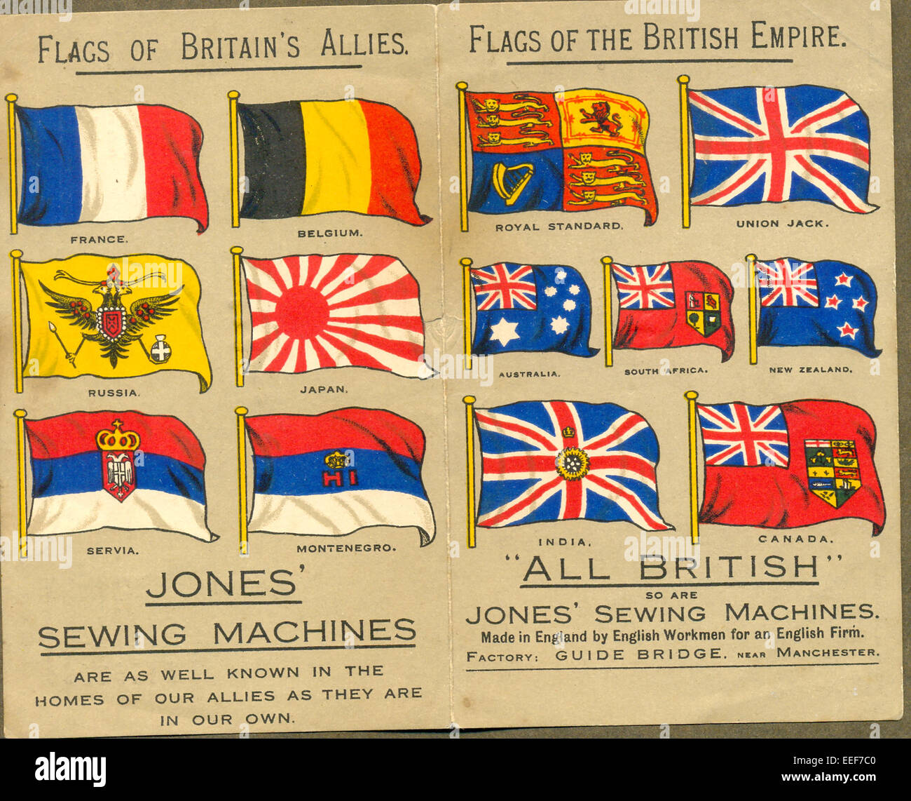 La Primera Guerra Mundial banderas en folleto publicitario para Jones' máquinas de coser Foto de stock