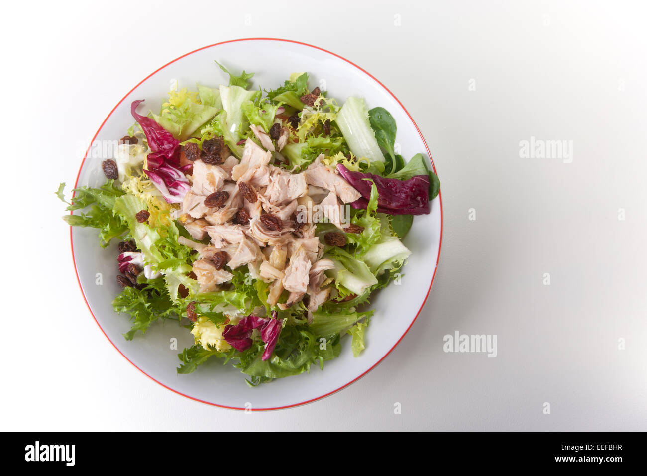 Ensalada de Pollo con salsa de tomate y las pasas en un recipiente blanco. Aislado sobre fondo blanco. Foto de stock