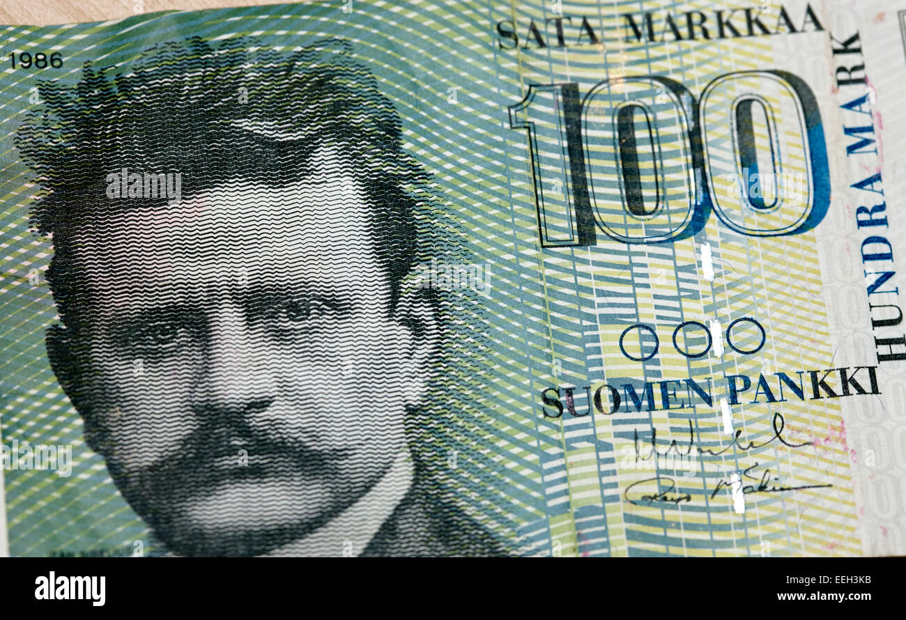 Jean Sibelius Finlandia en los 100 marcos finlandeses antigua moneda finlandesa Foto de stock