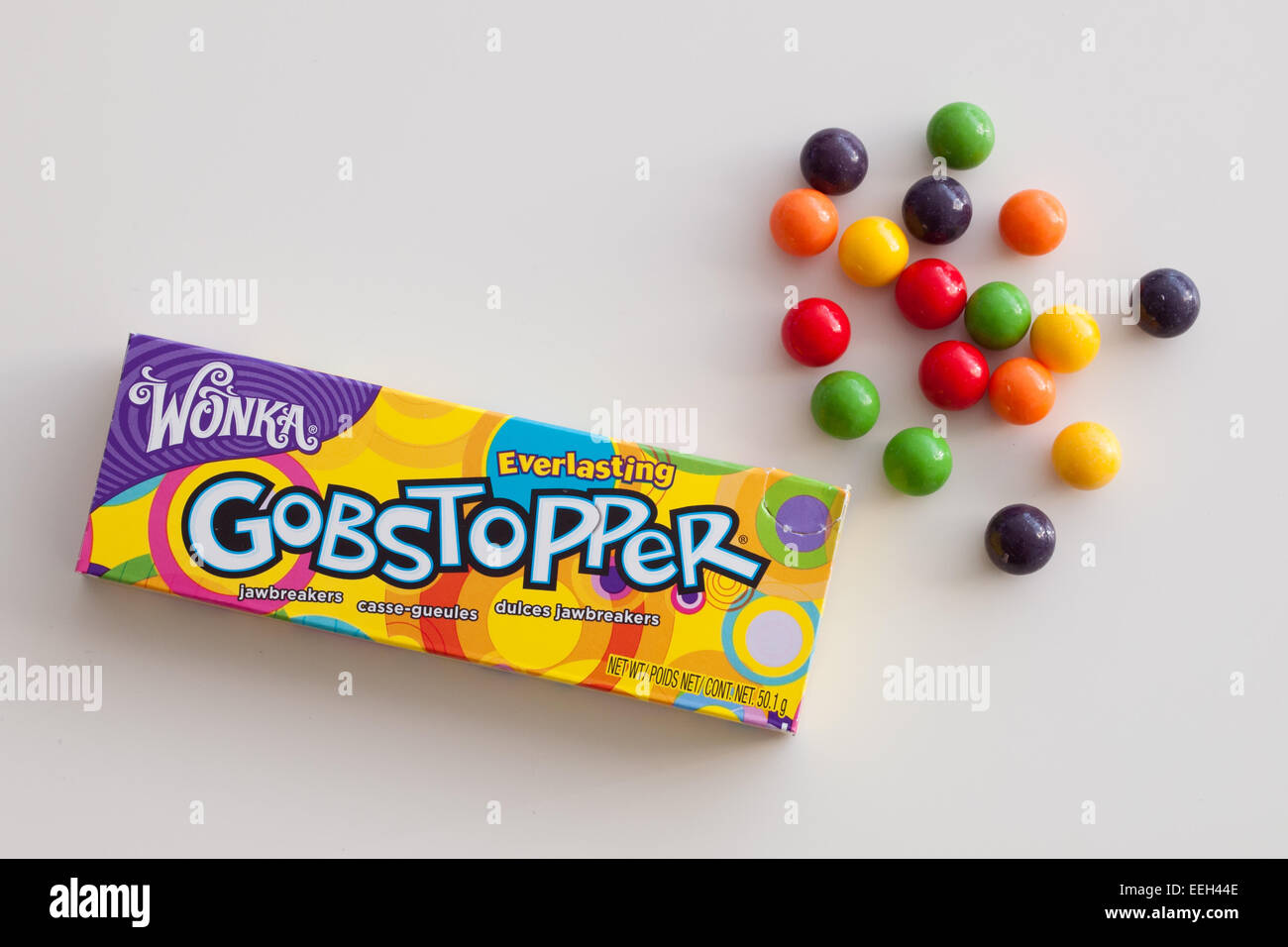Un cuadro de Everlasting Gobstopper Hard Candy. Fabricado por la Willy Wonka Candy Company, una marca de Nestlé. Foto de stock