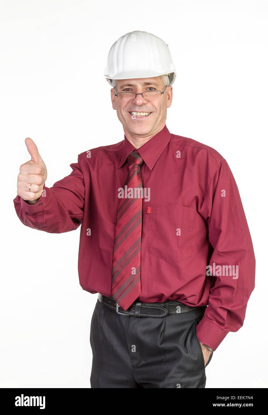 Architekt mit Helm hält Architekt Daumen hoch, con cascos de seguridad mantiene el pulgar Foto de stock