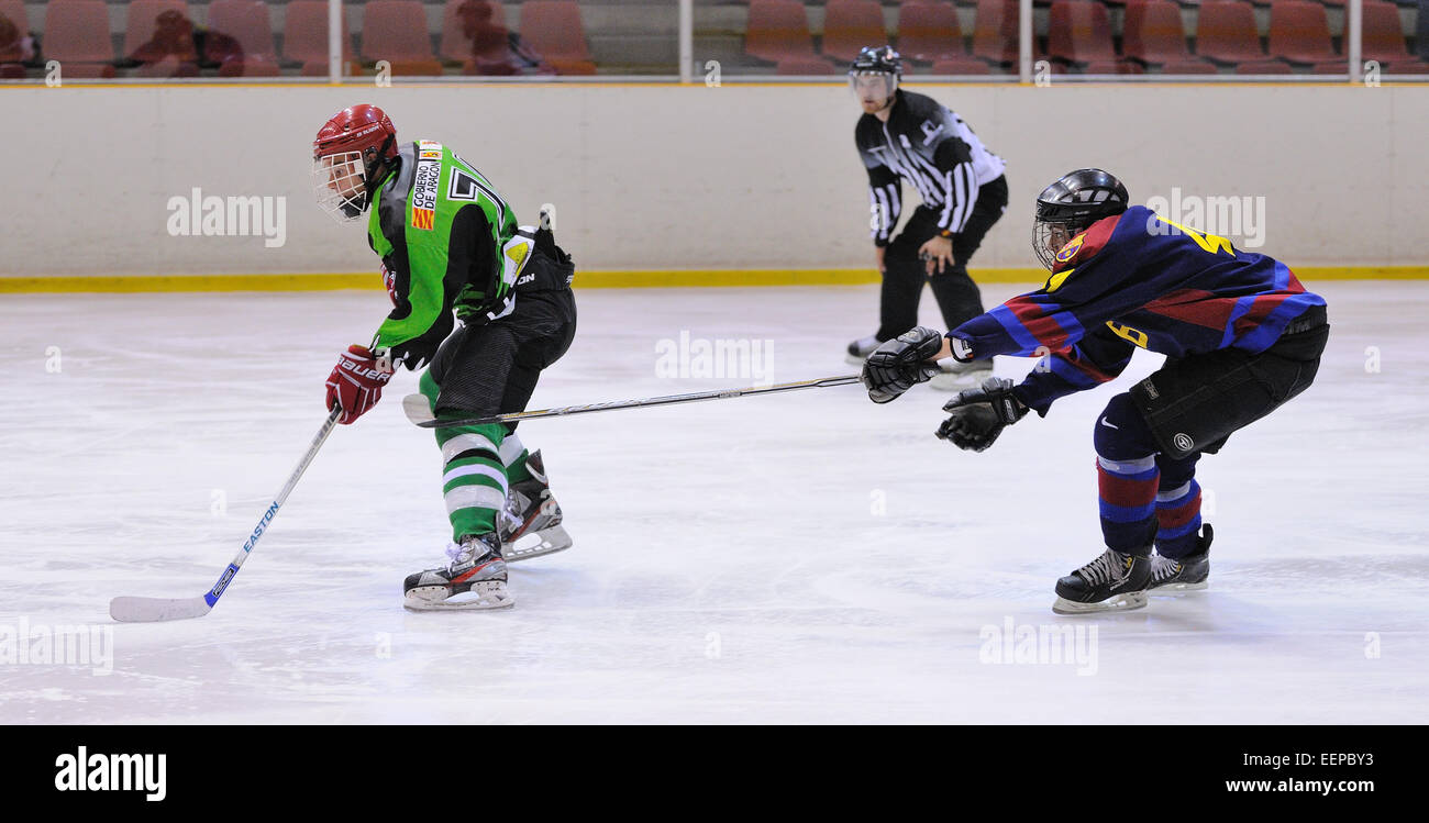 BARCELONA - 11 de mayo: Los jugadores en acción en la final de Hockey sobre Hielo de la Copa del Rey (Copa de España). Foto de stock