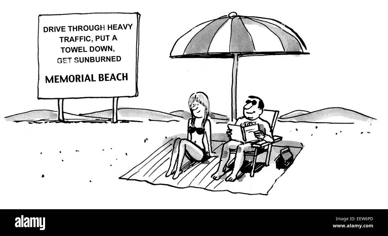 Caricatura de una pareja de negocios cansados que están contentos de accionamiento a través de tráfico pesado para tener un trabajo de fin de semana gratis en la playa. Foto de stock
