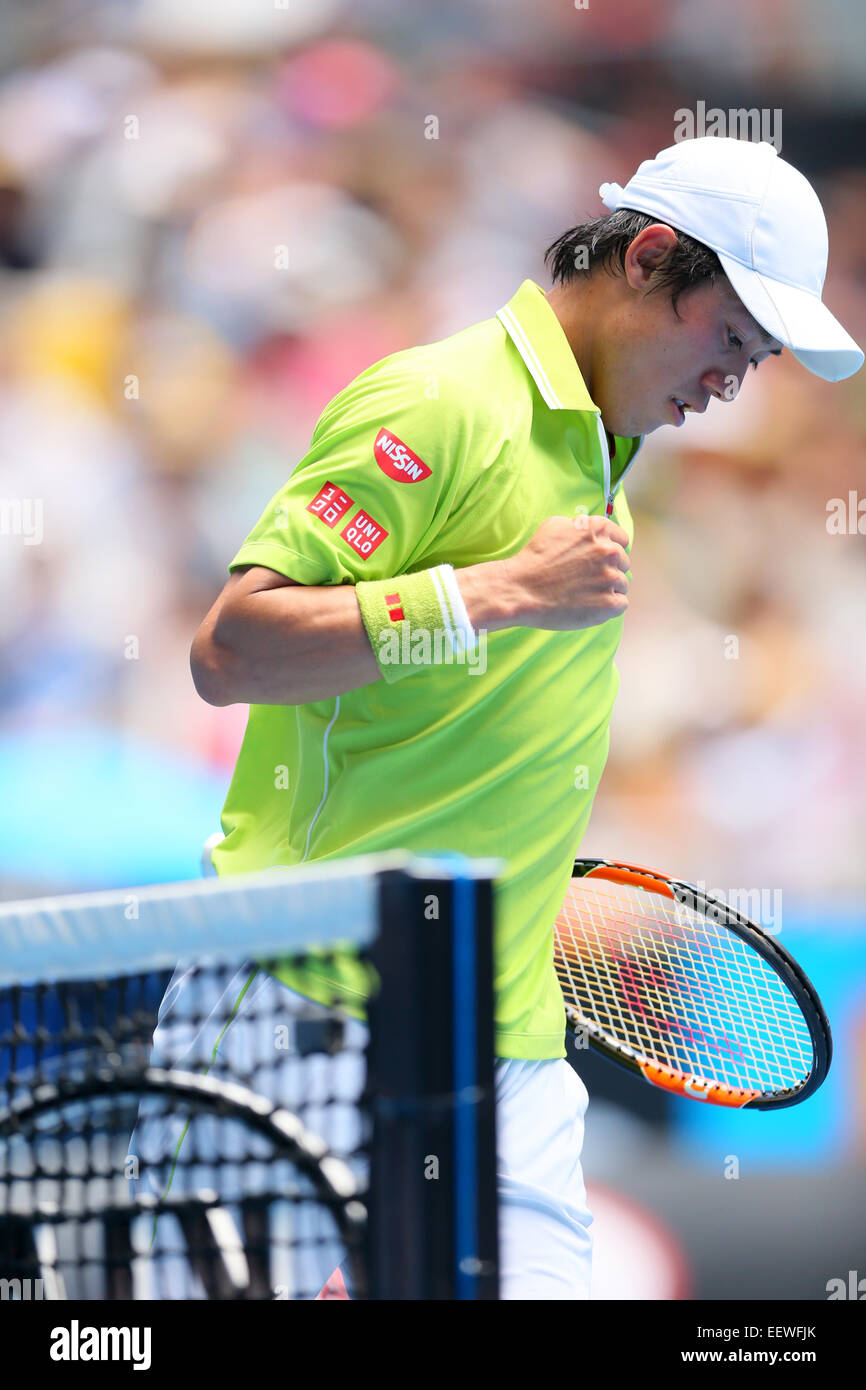 Melbourne, Australia. El 22 de enero de 2015. Kei Nishikori (JPN) tenis: el  torneo de tenis Abierto de Australia de 2015 hombres de la Ronda 2 en  Melbourne, Australia. Crédito: Yohei Osada/AFLO