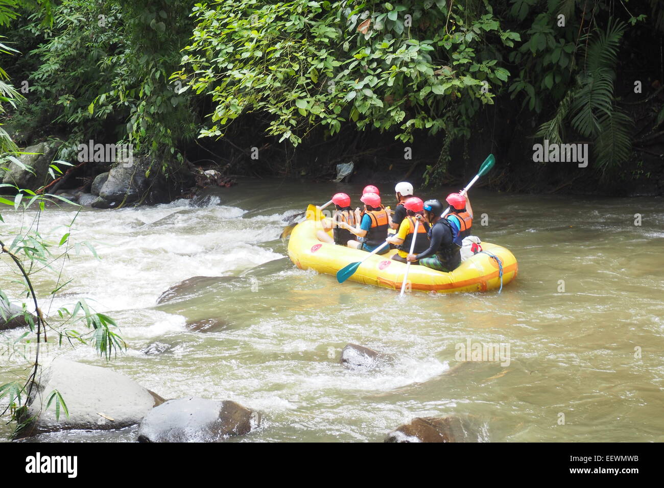 Grupo de personas white water rafting en el río Ayung, Ubud, Bali. Foto de stock