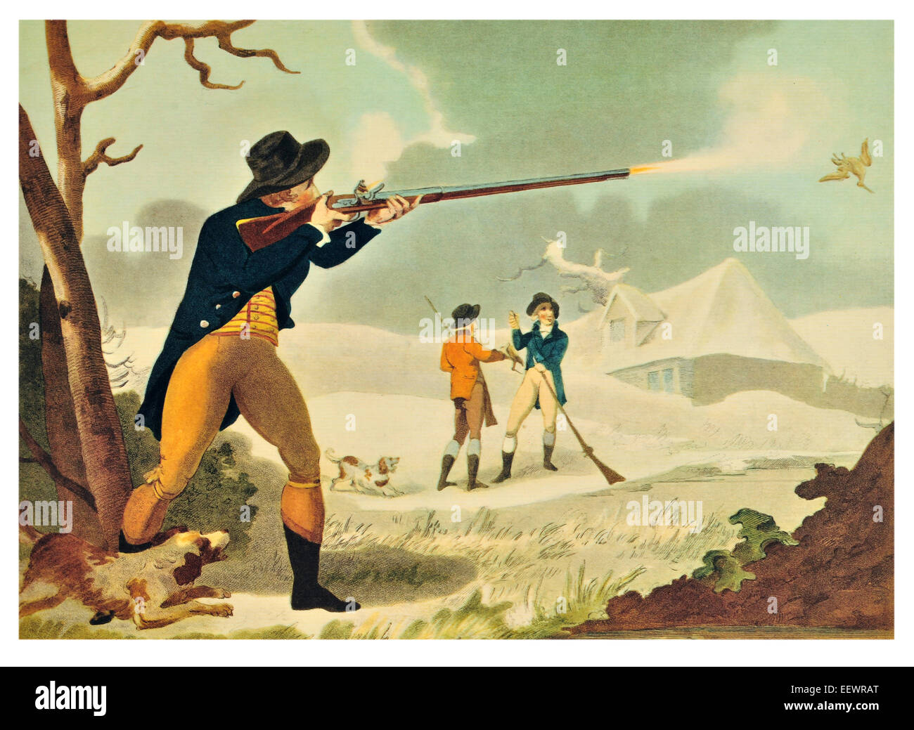 Snipe dispara John Wells fecit 1805 Juego Hunter dispara rifle de caza casa solariega georgiana disfraz aves perro Foto de stock