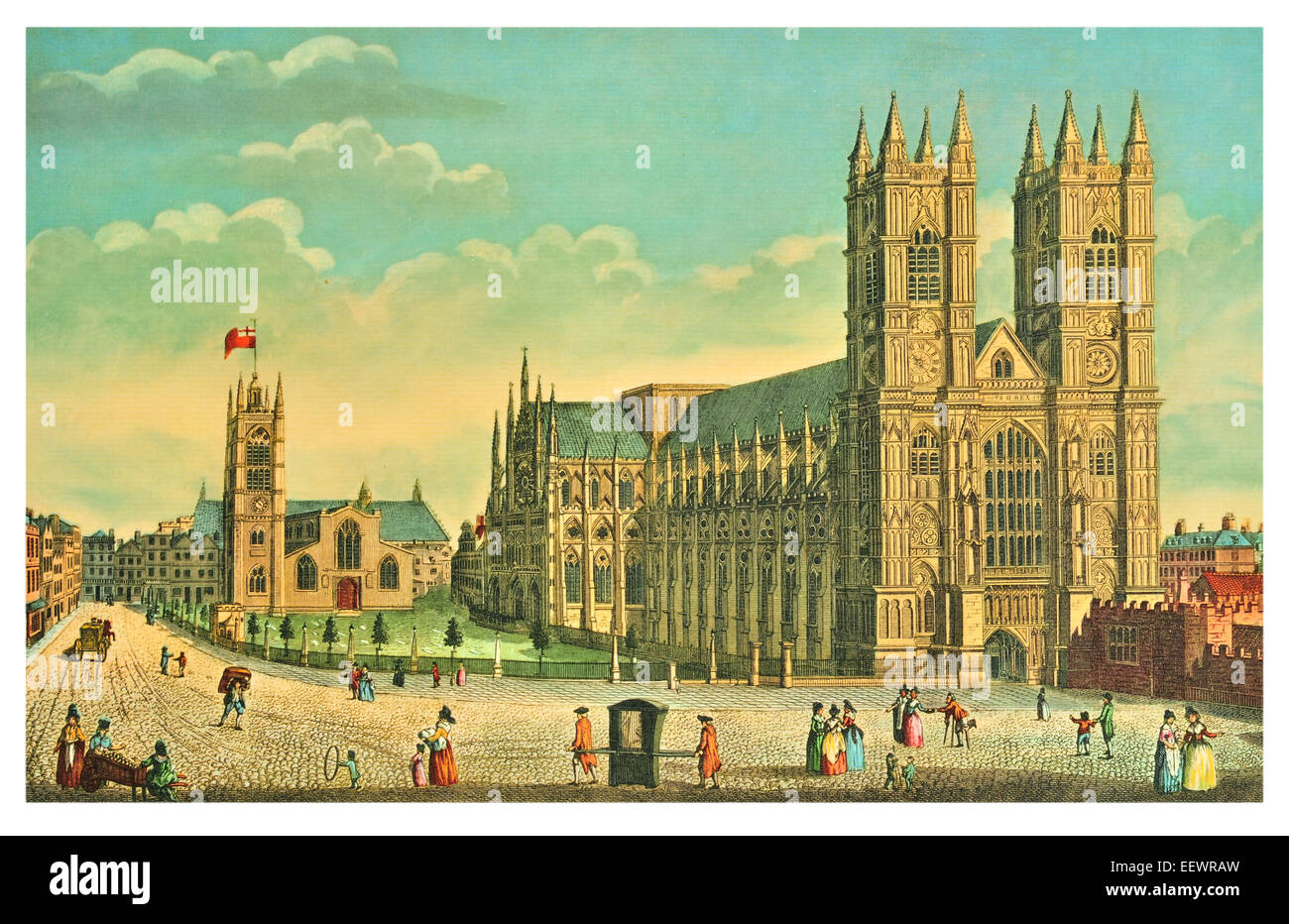 La Abadía de Westminster y la iglesia de St Margaret 1793 Londres Inglaterra georgiana colegiata gótica de adoquines de la calle Foto de stock