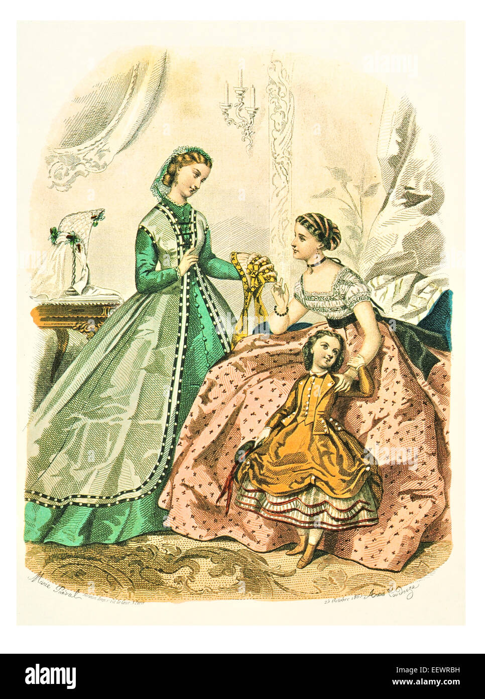 La Mode Illustree 1863 trajes de época victoriana moda vestido vestidos vestido falda velo cuff lujos tapa muselina bordado Foto de stock